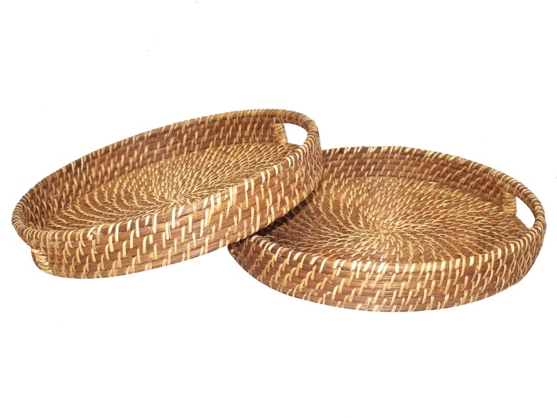 Custom-made Round Rattan Serving Tray Set with Handles - Sustainable Woven Homeware